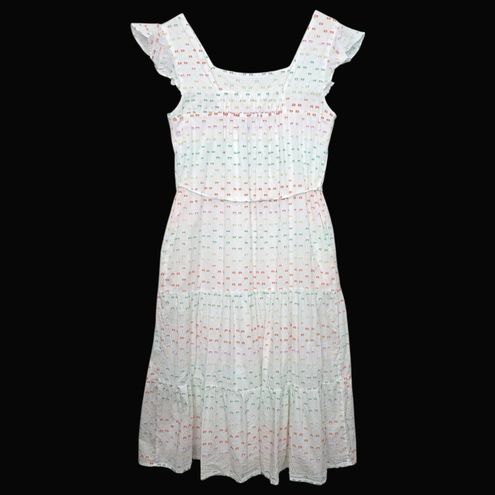 Draper James Rainbow Dot Tiered Midi Dress White Flutter Sleeves Pockets - Picture 3 of 15